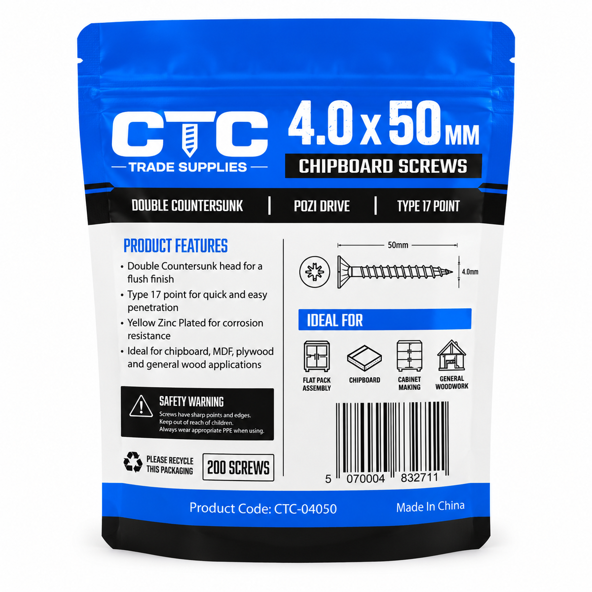 4.0 × 50mm Wood Screws — 200 Pack