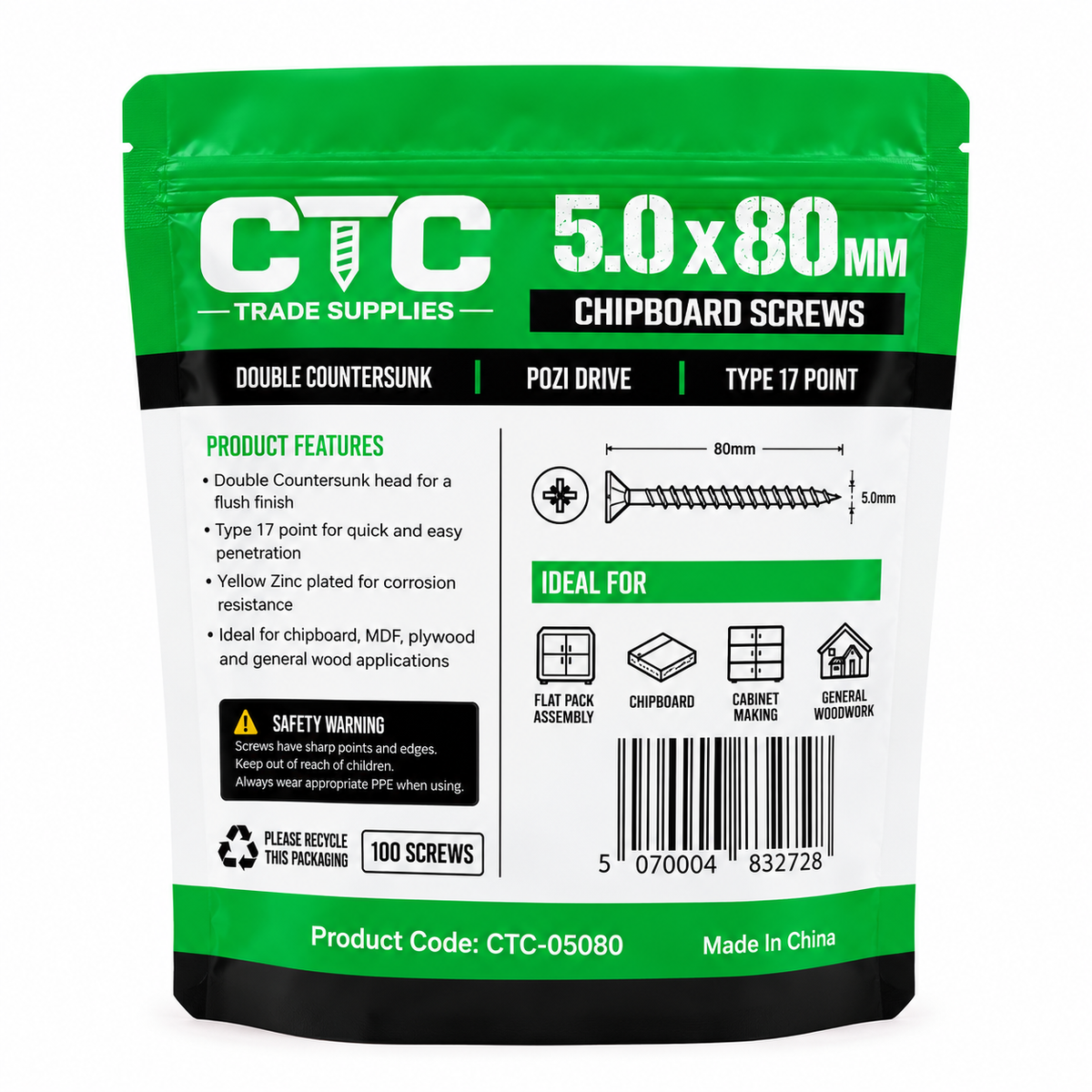 5.0 × 80mm Wood Screws – 100 Pack